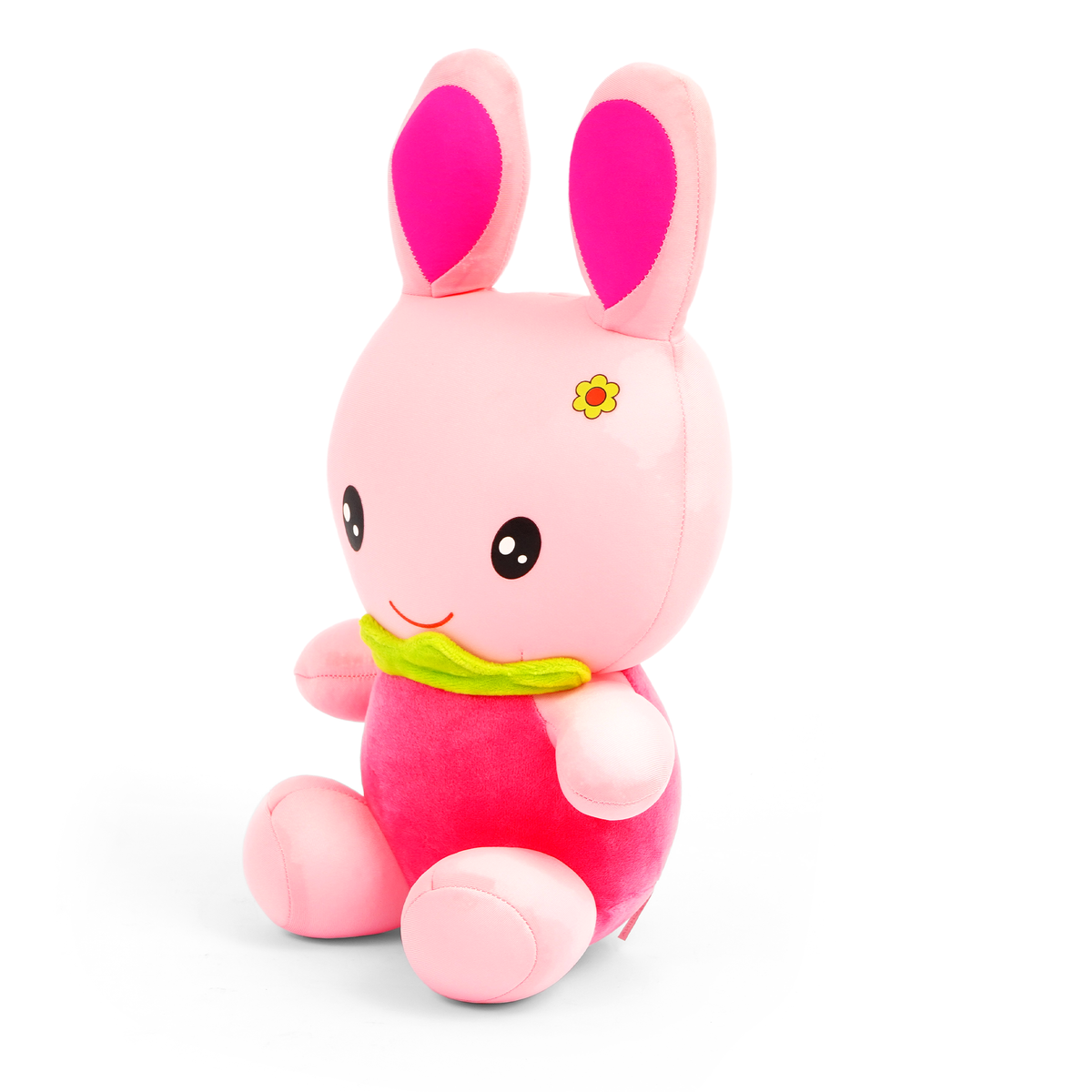 Pink plush toy with bunny ears on a white background