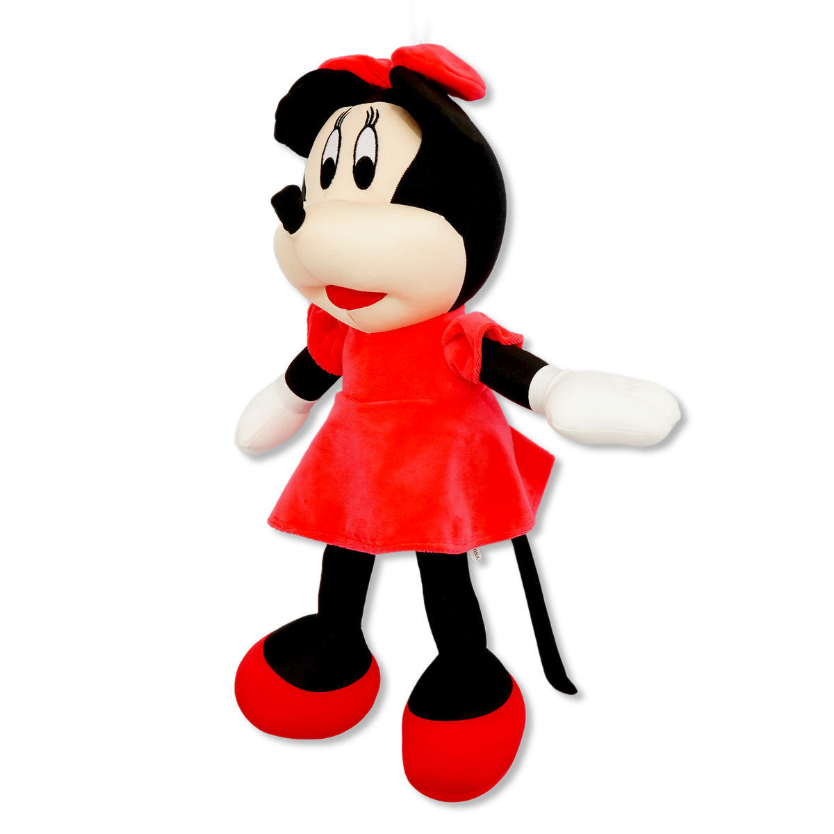 Plush toy of a character in a red dress with black hair and shoes on a white background