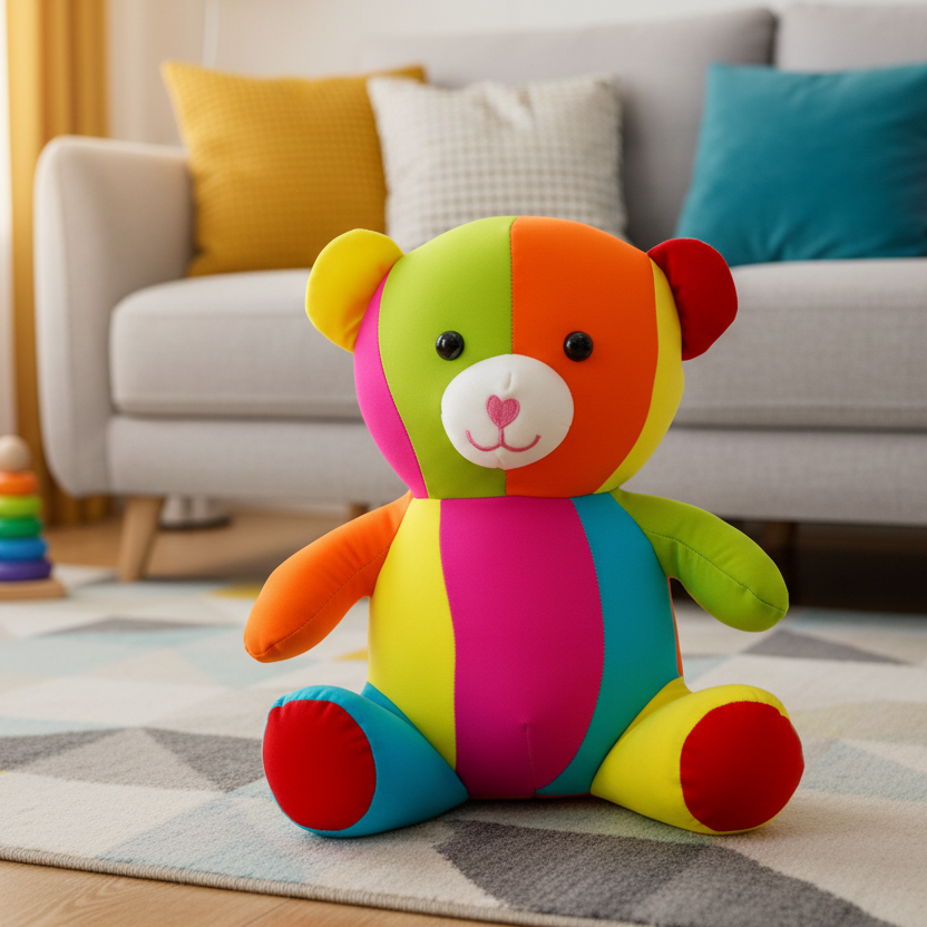 Colorful striped teddy bear in a living room setting with a sofa and pillows.
