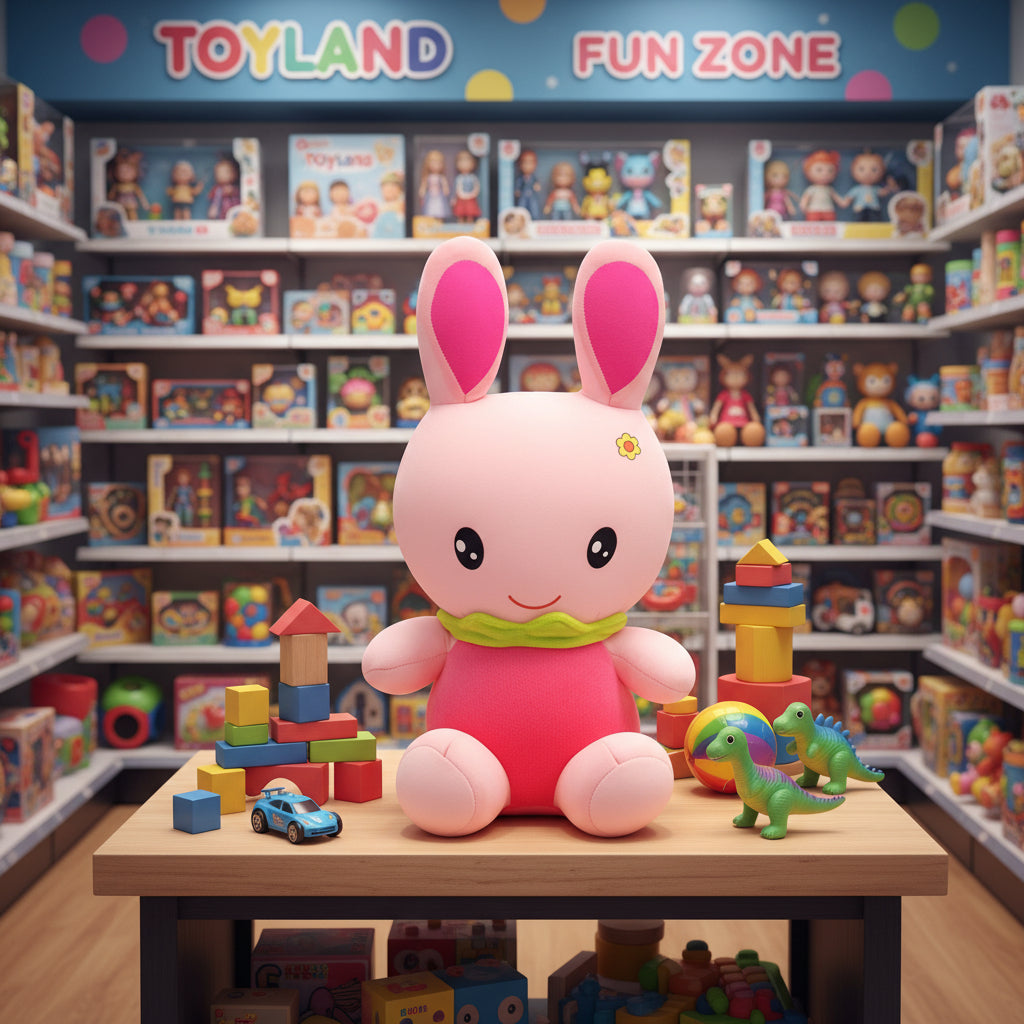 Pink toy rabbit with bunny ears in a toy store setting
