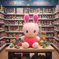 Pink toy rabbit with bunny ears in a toy store setting