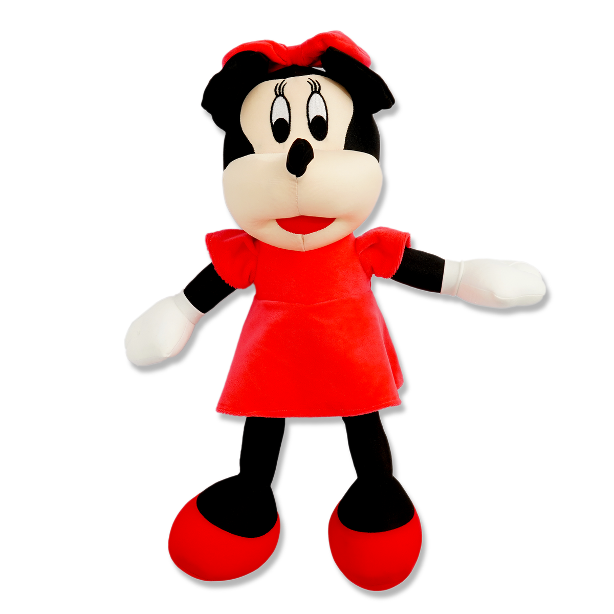 Plush toy of a character in a red dress with black shoes on a white background