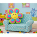 Children's chair with a flower-shaped cushion in a colorful room.