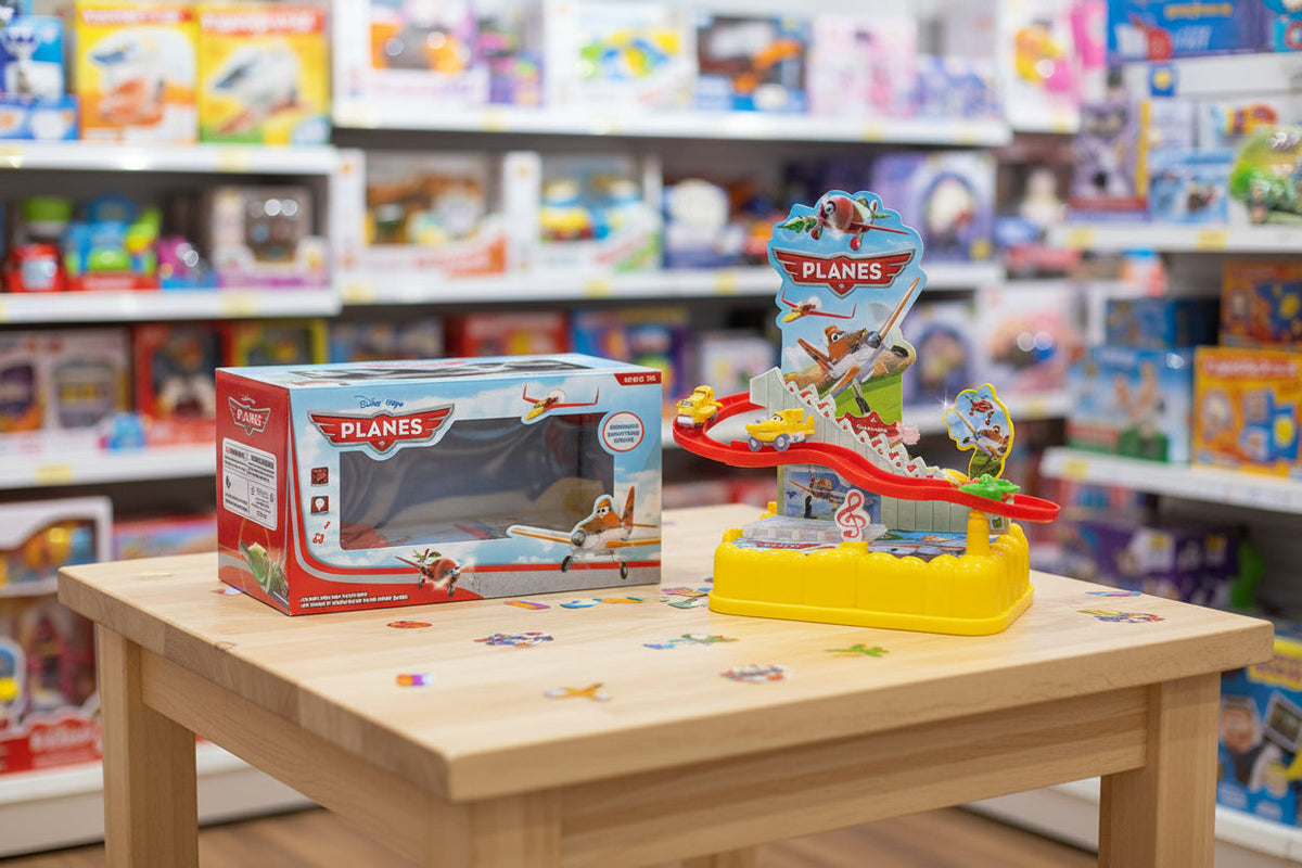 Toy airplane set with packaging on a table in a toy store