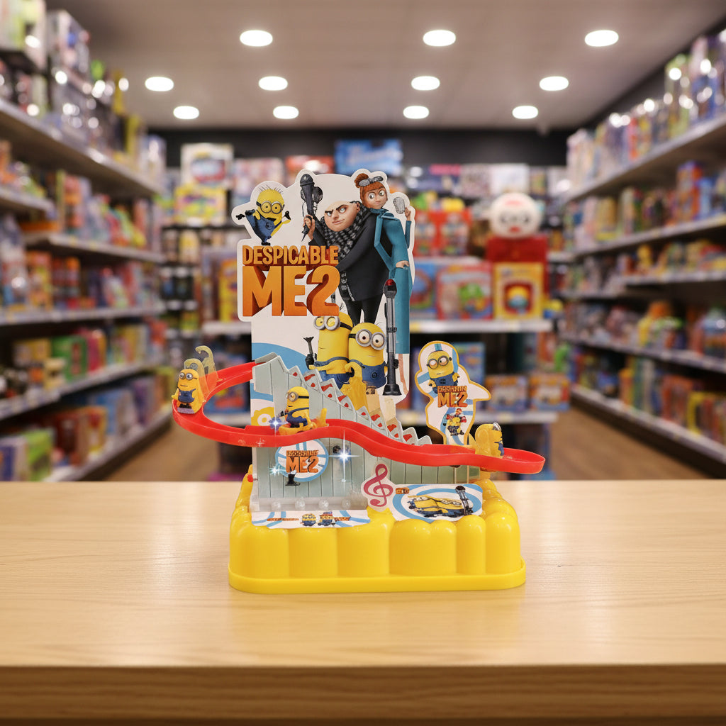 Toy set with characters from 'Despicable Me 2' on a track in a toy store.