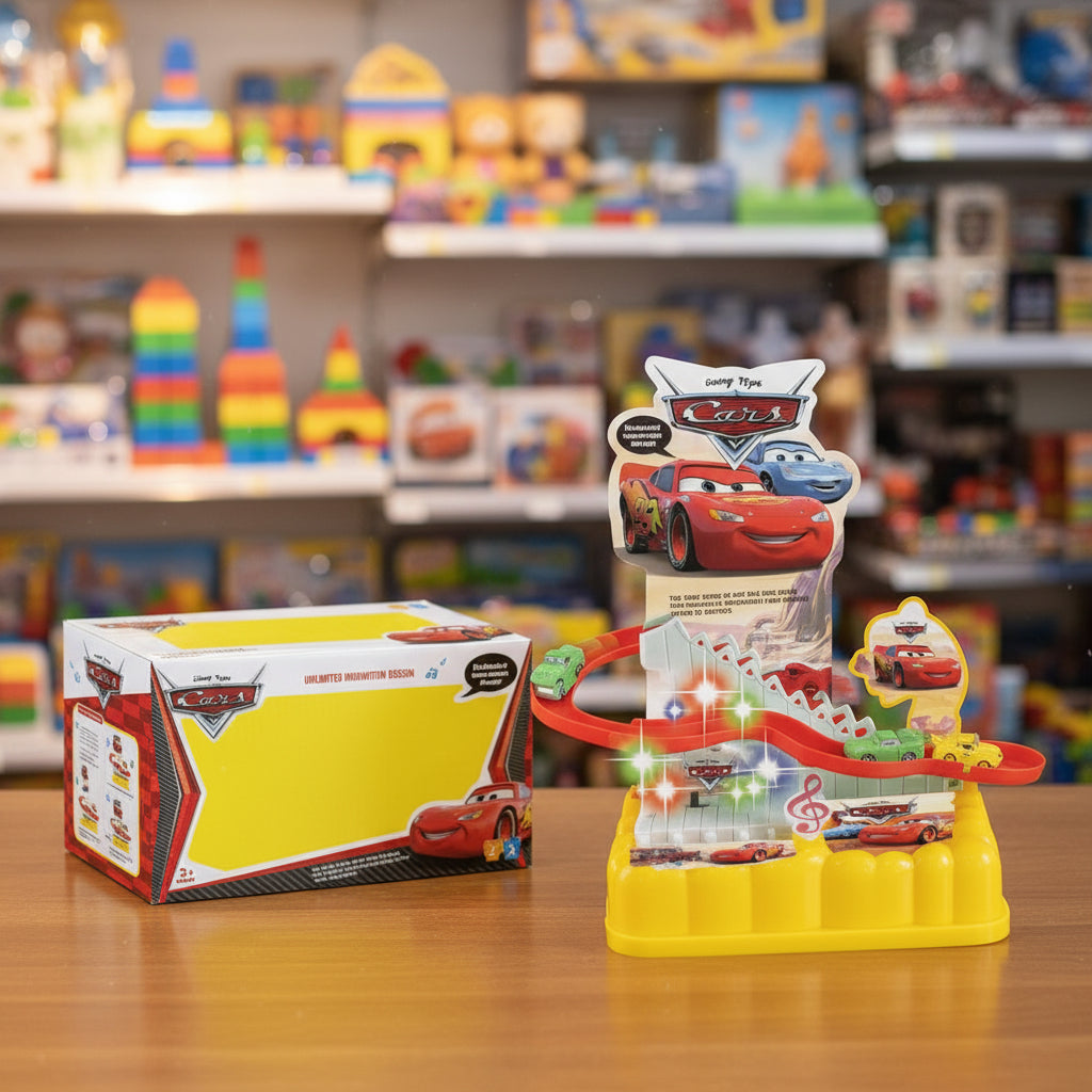 Toy race track set with 'Cars' branding in a toy store setting