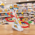 Toy track set with characters in a store setting