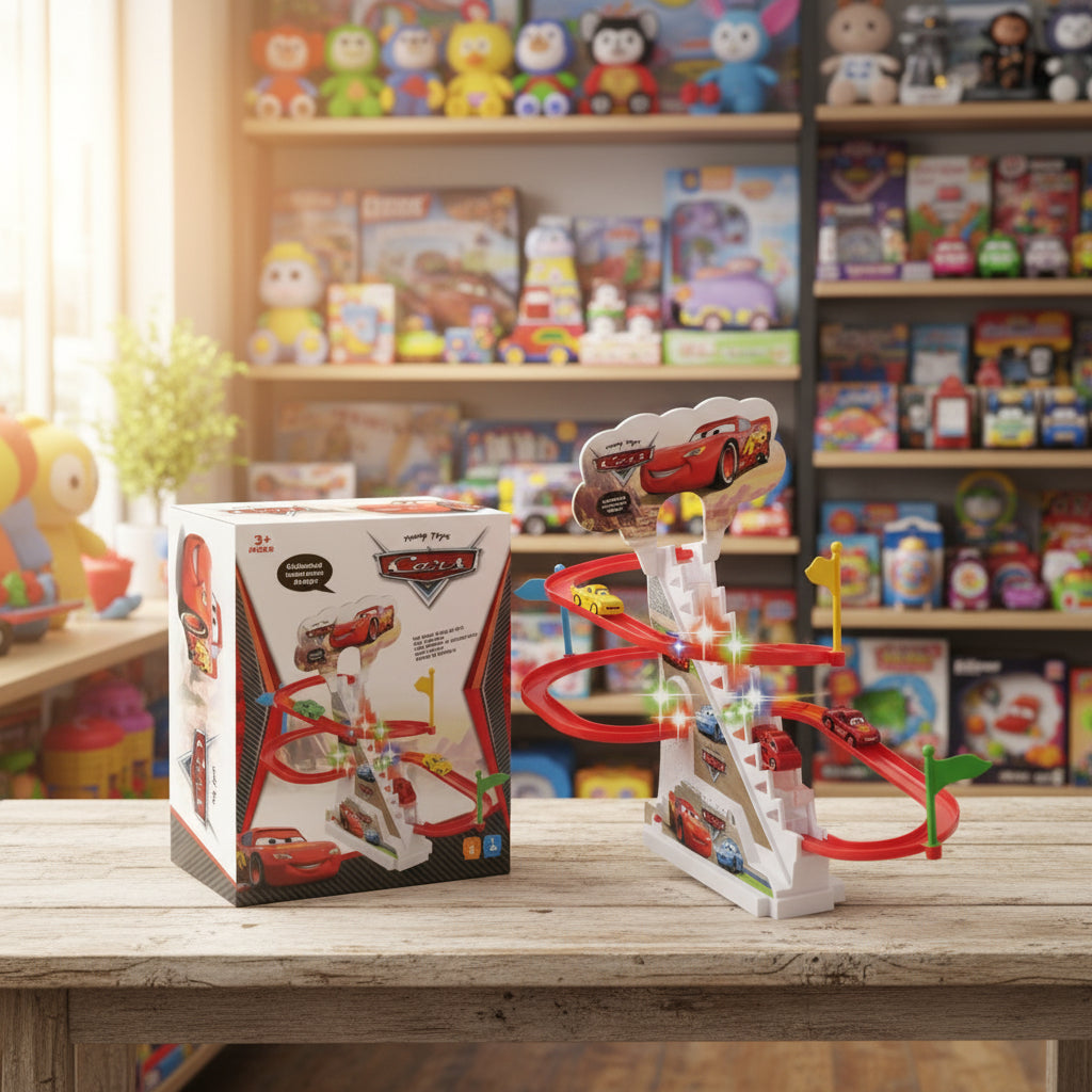 Toy track set with Cars theme on a wooden table in a toy store setting