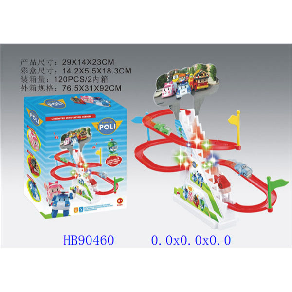 Toy race track set with packaging and specifications on a gray background