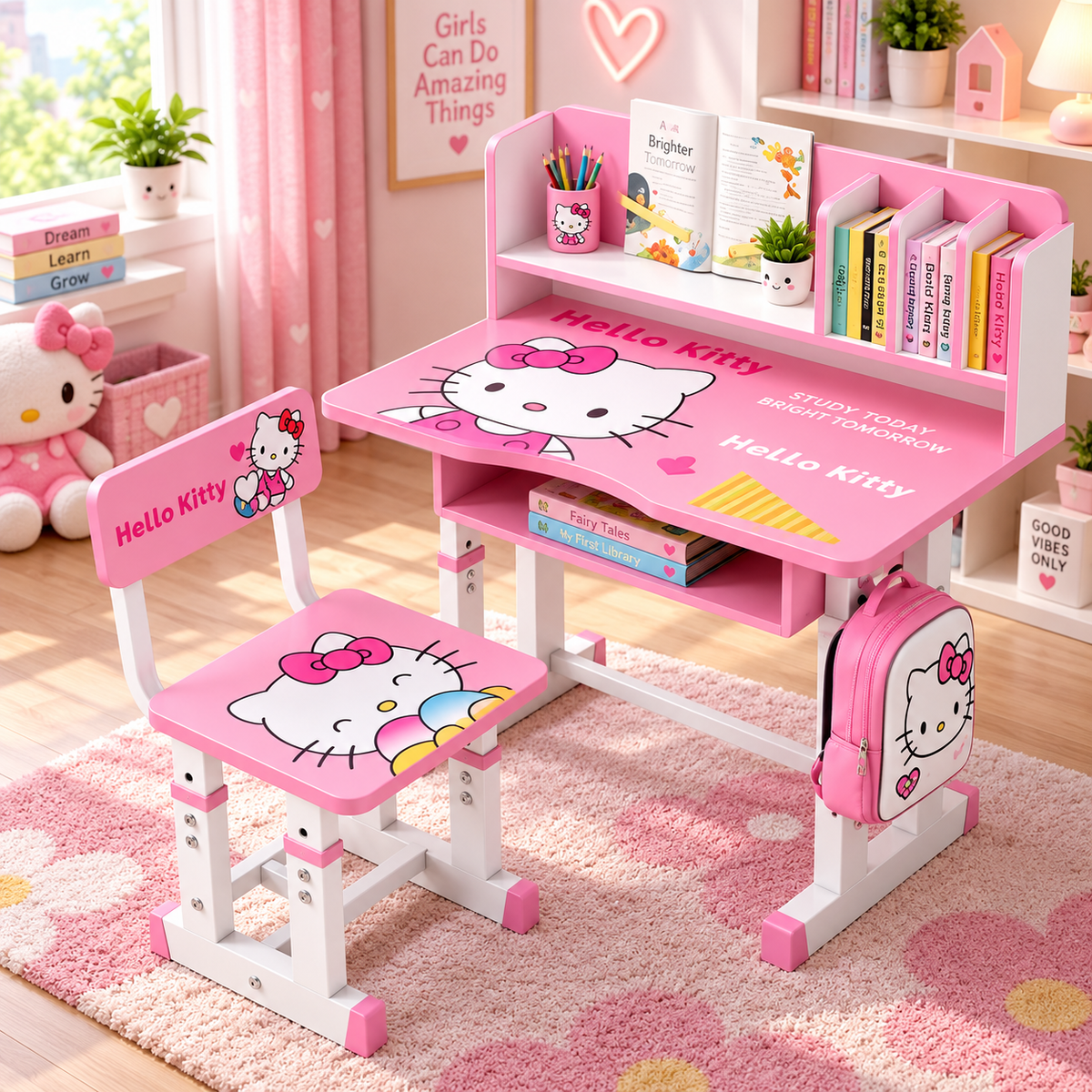 A pink and white Hello Kitty children's desk set with a matching chair and backpack, styled in a bright, playful room with a pink rug, shelves, and books.