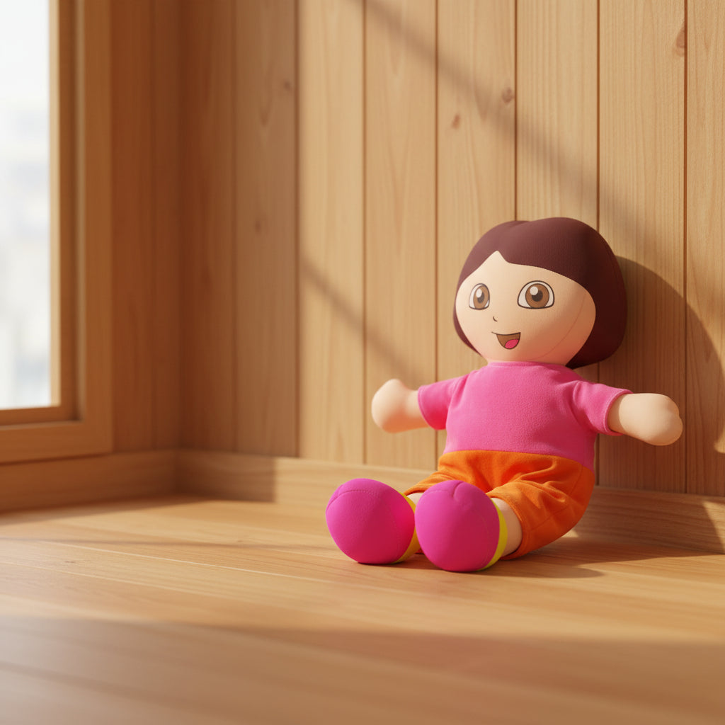 Plush toy with pink shirt and orange pants sitting on a wooden floor.