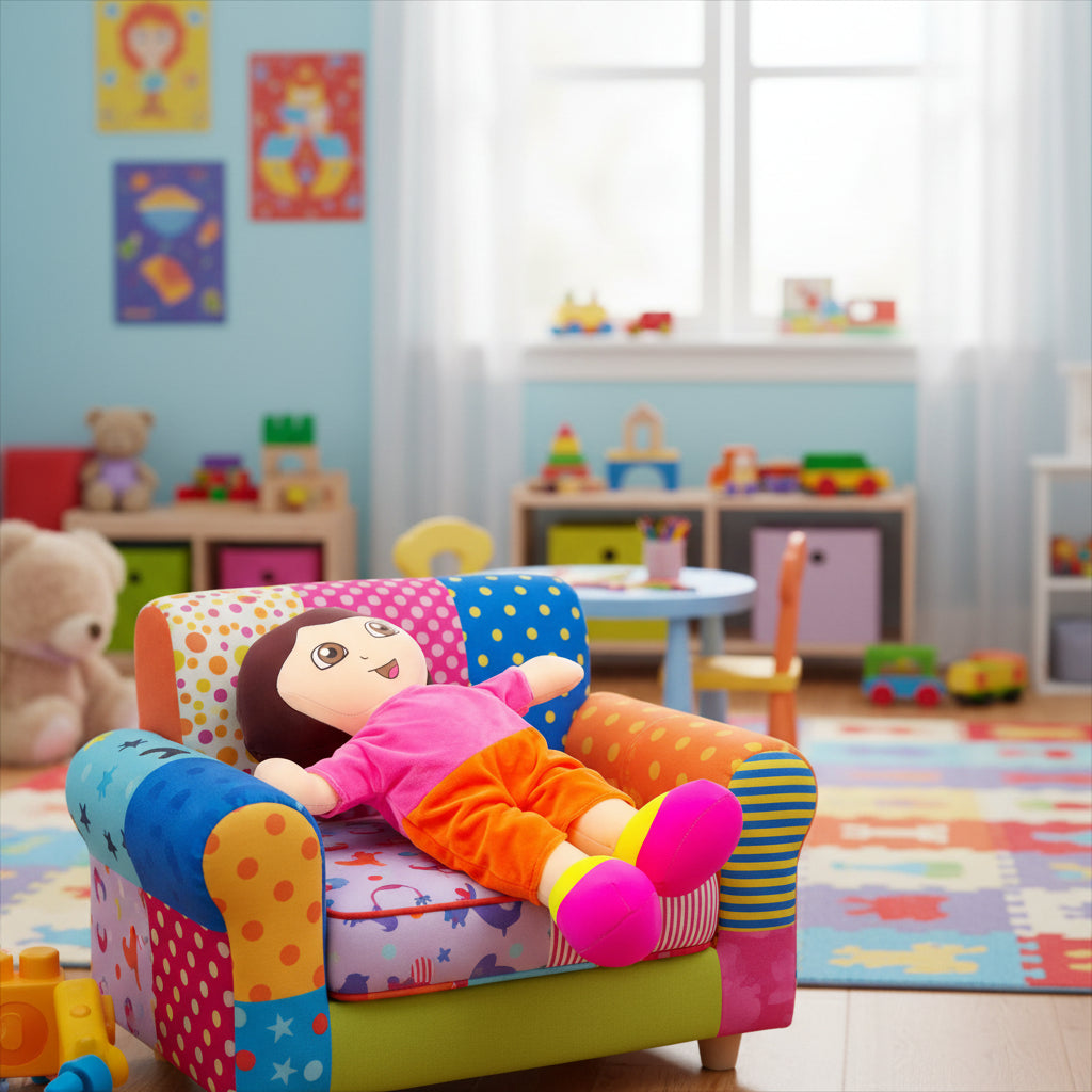 Colorful children's chair with a doll in a playroom filled with toys and furniture.