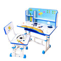 A children's adjustable desk and chair set by Kiddora land, decorated with space-themed graphics including an astronaut, moon, and stars. The set is shown in a bright, kid-friendly room with wooden floors, a bookshelf, and a teddy bear.
