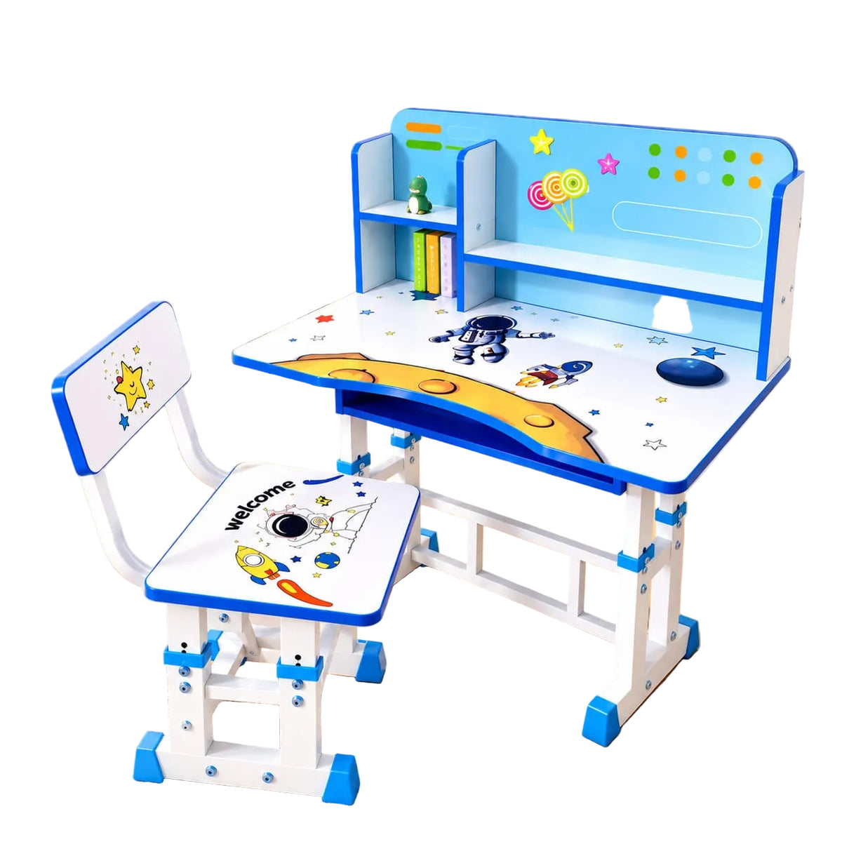 A children's adjustable desk and chair set by Kiddora land, decorated with space-themed graphics including an astronaut, moon, and stars. The set is shown in a bright, kid-friendly room with wooden floors, a bookshelf, and a teddy bear.