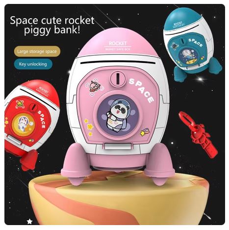 Space-themed piggy bank with cartoon design on a space-themed background