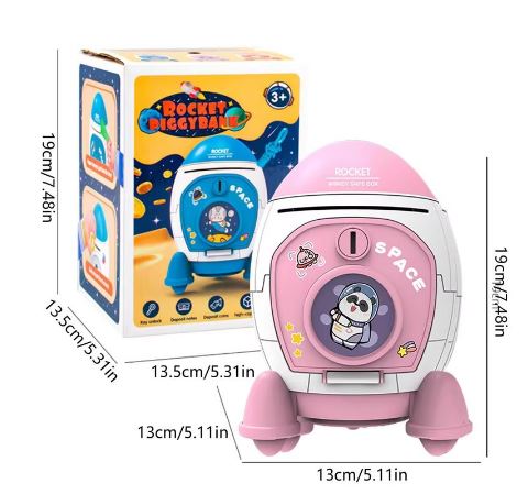 Pink toy robot with measurements and packaging on a white background