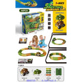 Splicetrack Dinosaur Car toy set packaging with toys and track layout on a white background