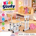 kiddora land Kids Study Table & Chair Set in a colorful children's bedroom. The set includes a light wood desk with a cartoon princess-themed backrest, a matching adjustable chair, and white metal legs with black feet.