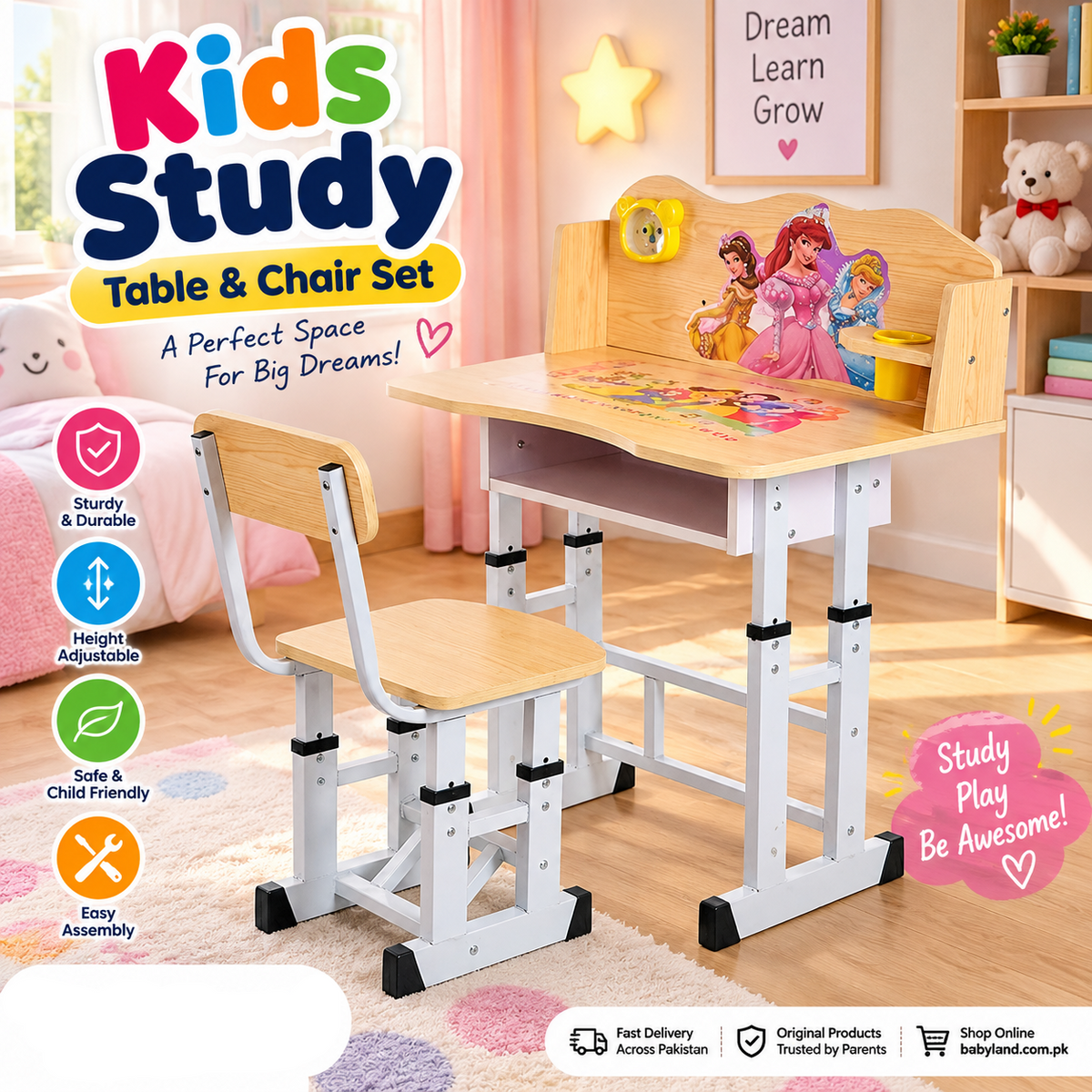 kiddora land Kids Study Table & Chair Set in a colorful children's bedroom. The set includes a light wood desk with a cartoon princess-themed backrest, a matching adjustable chair, and white metal legs with black feet.