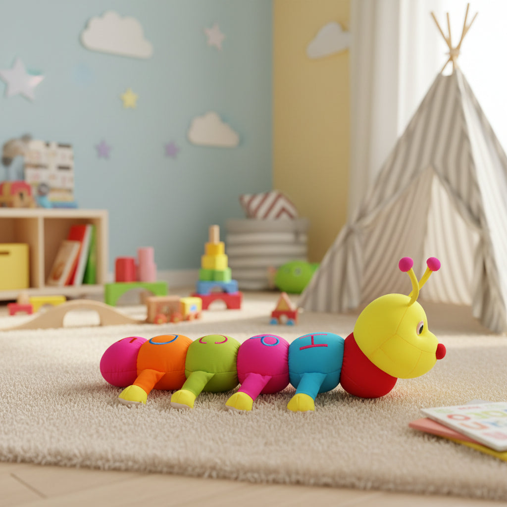 Colorful caterpillar toy on a carpeted floor in a child's room with toys and furniture in the background.