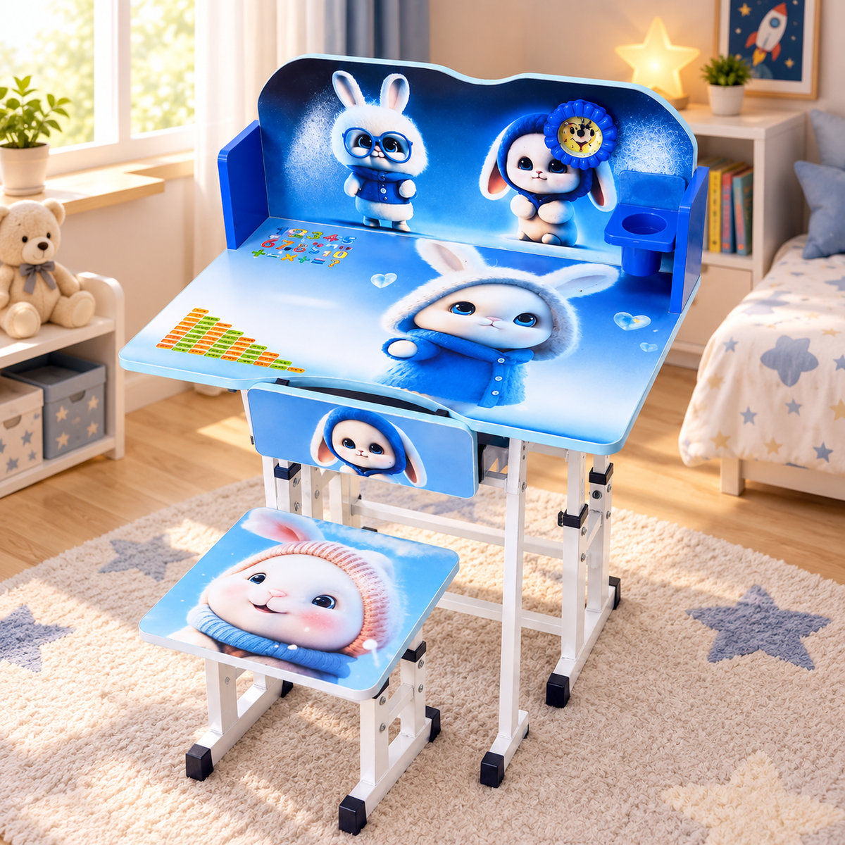 A children's adjustable desk and matching chair set with a cartoon rabbit print, shown in a bright bedroom setting.