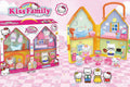 Hello Kitty family toy set with house and figures on a pink checkered background