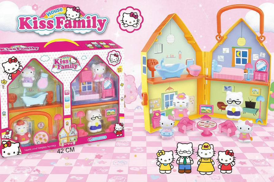 Hello Kitty family toy set with house and figures on a pink checkered background