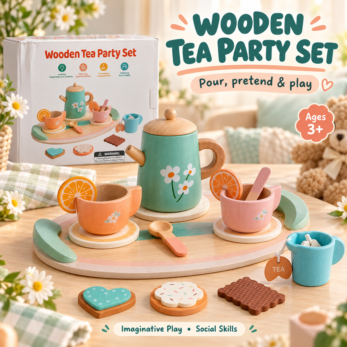 Wooden tea party set displayed on a round tray with a mint green teapot, orange and pink cups, blue mug, flowers, cookies, and the product box in a bright styled room scene.