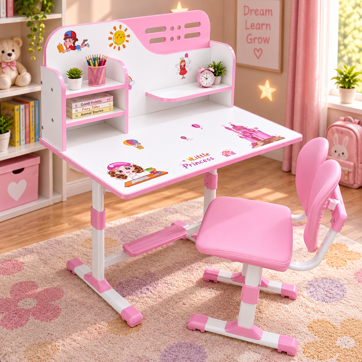 A pink and white adjustable children's desk set with a matching chair, shown in a decorated bedroom setting. The desk features cartoon illustrations, a top storage shelf with a sun graphic, and a footrest.