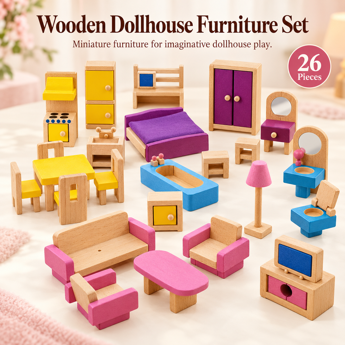 A wooden dollhouse furniture set with miniature pink, purple, yellow, and blue furniture pieces arranged on a light fabric background. Text at the top reads 'Wooden Dollhouse Furniture Set' and '26 Pieces'.