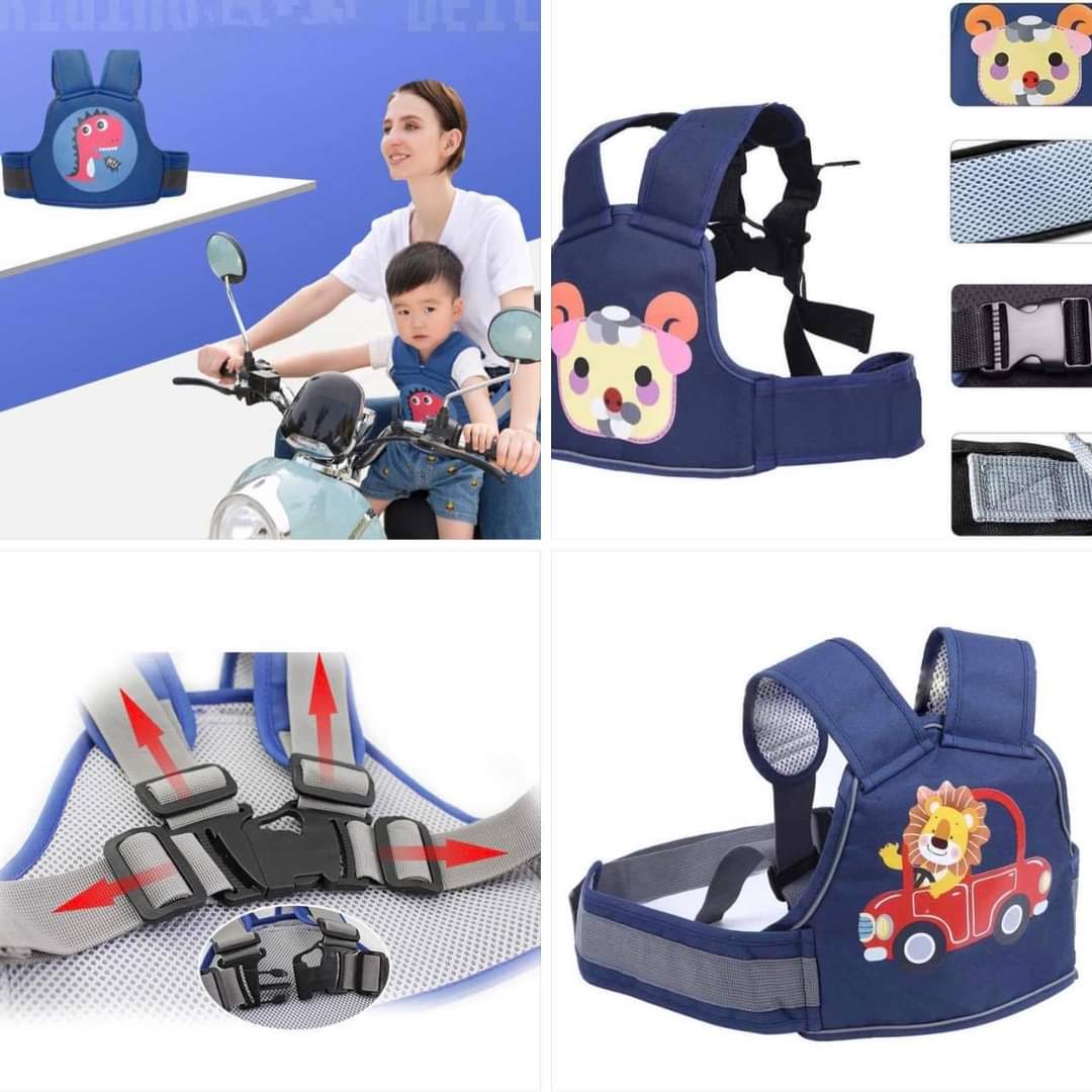 Child safety harnesses with cartoon designs on a white background