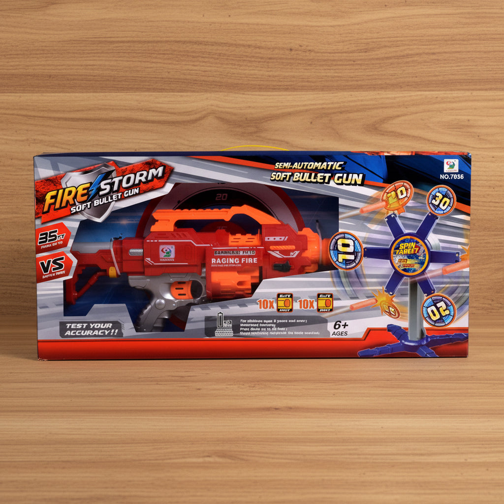 Box of a toy gun labeled 'Fire Storm' on a wooden surface
