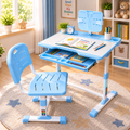 Adjustable children's desk and chair set in light blue and white, styled in a bright, cozy child's room with books, plants, and toys.