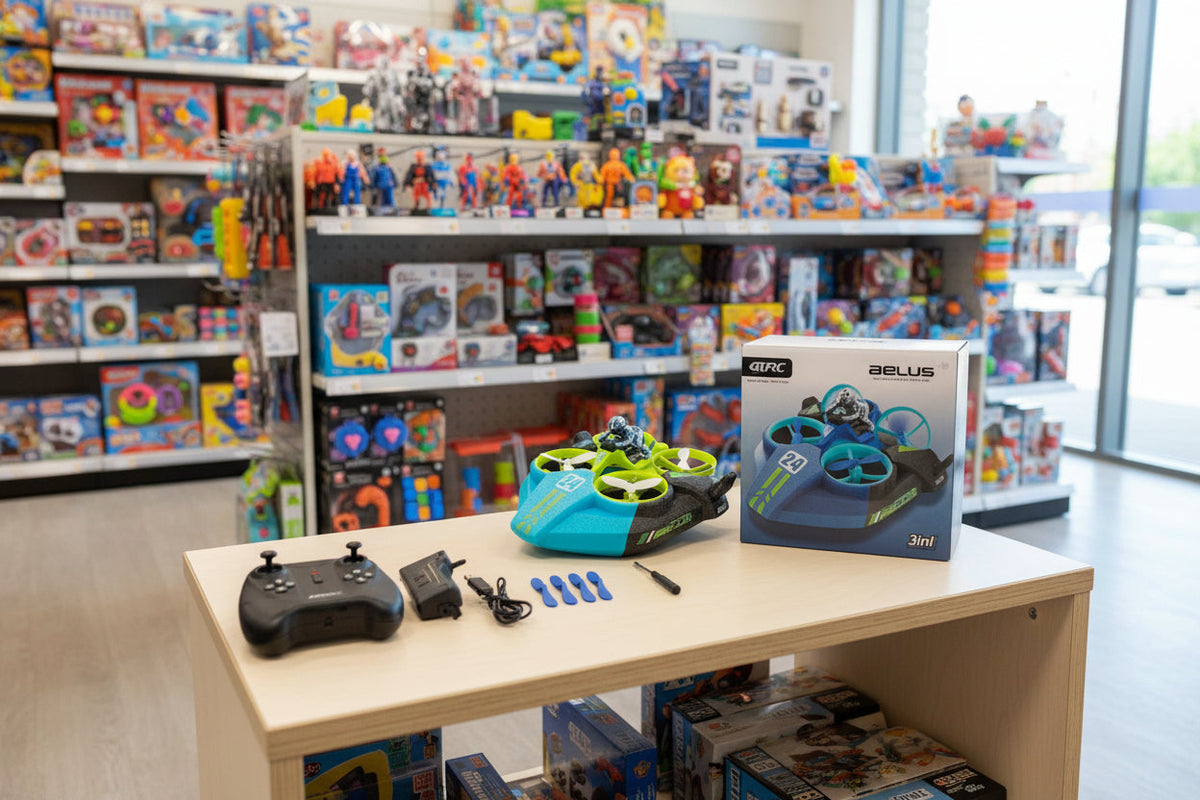 Toy drone with packaging on a table in a toy store