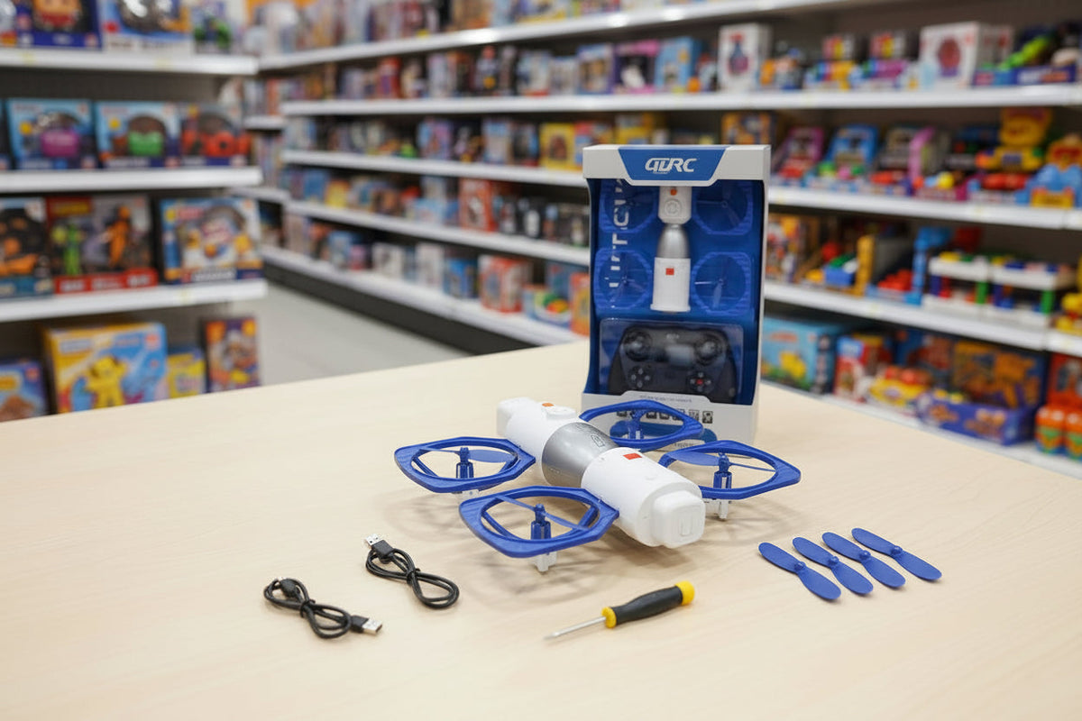 A white and blue RC drone kit with its controller box, spare propellers, screwdriver, and USB cable displayed on a light wood table in a toy store, with shelves of toys blurred in the background.