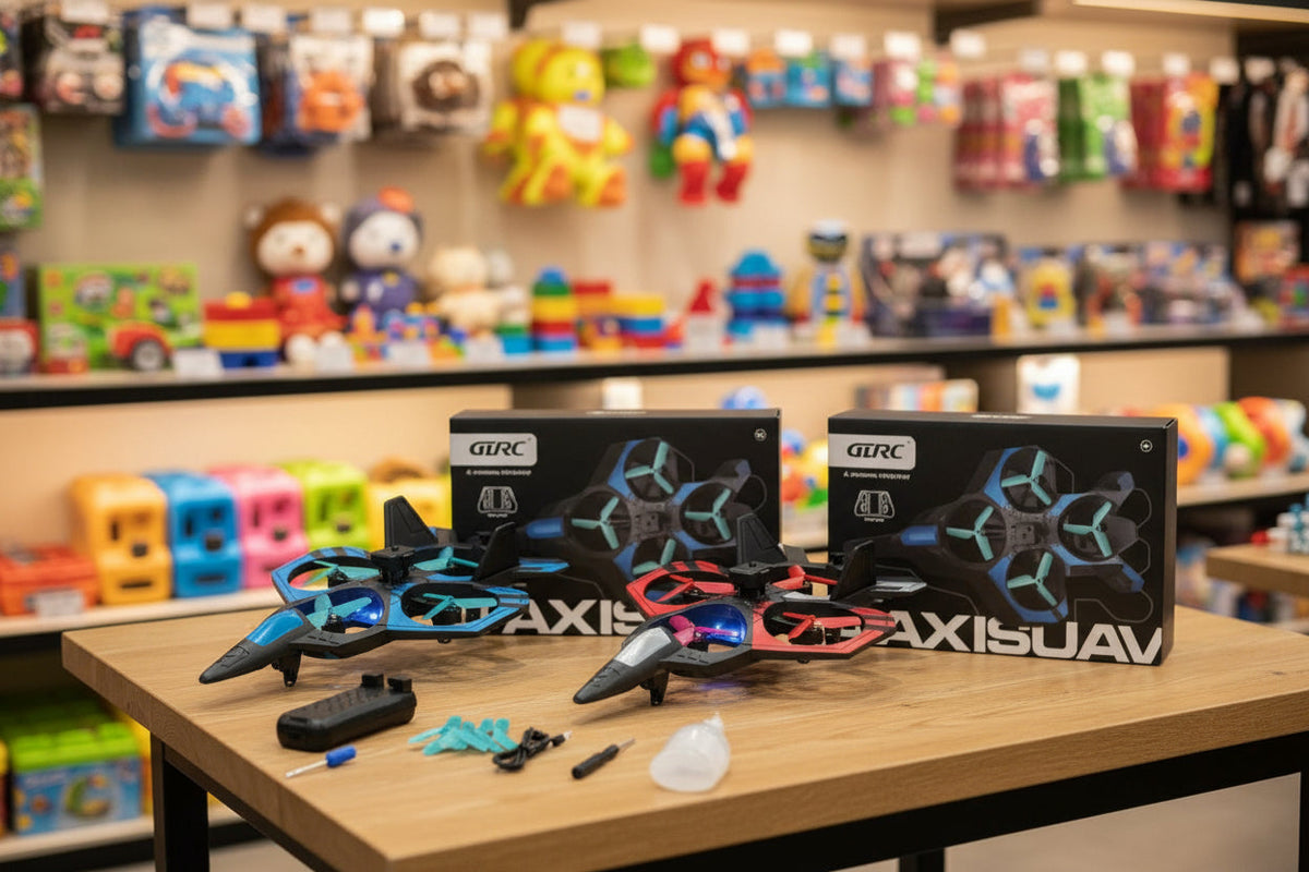 GTRC AXI6UAV drone set on a table with shelves of toys in the background
