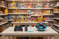 Toy store interior with shelves stocked with toys and a table displaying electronic toys.