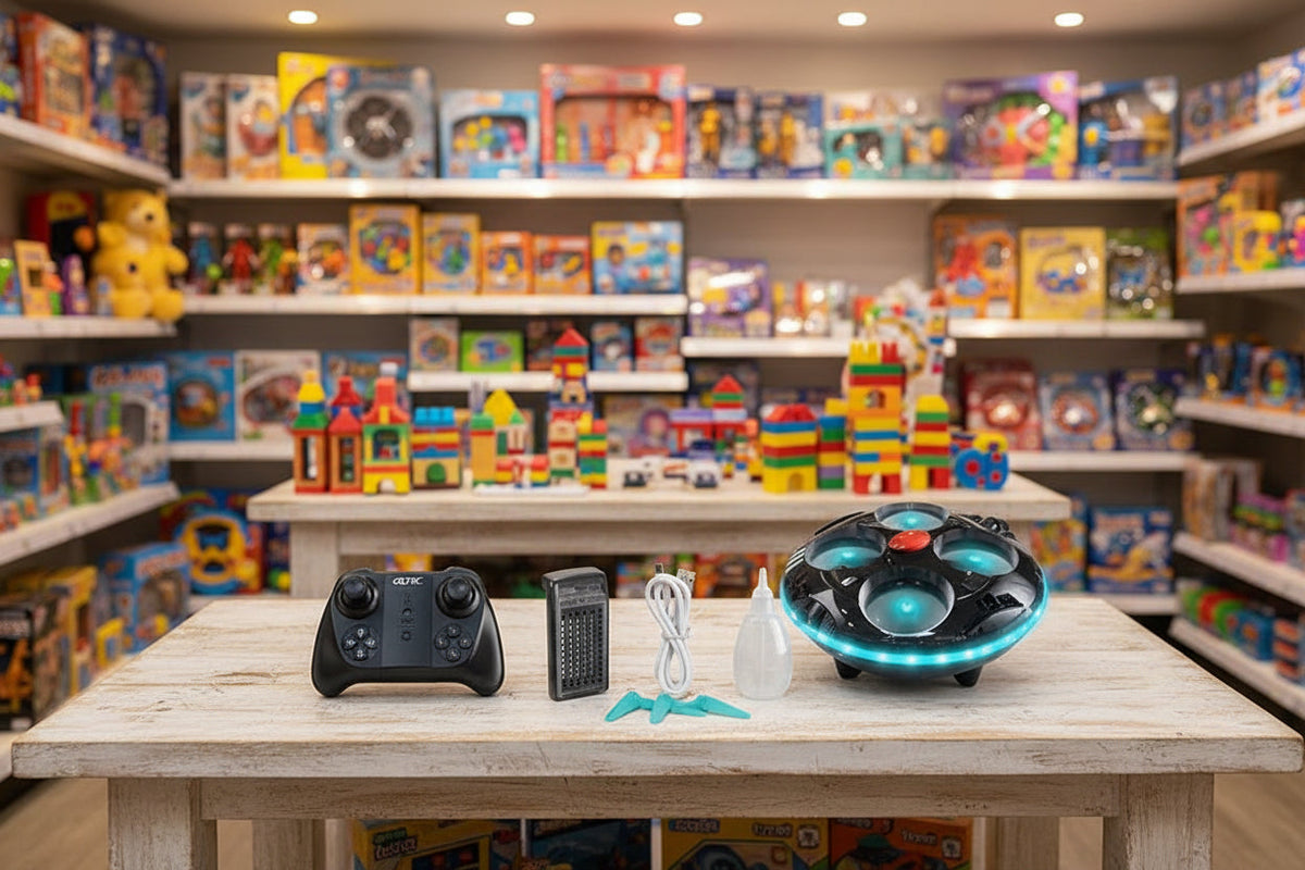 Toy store interior with shelves stocked with toys and a table displaying electronic toys.