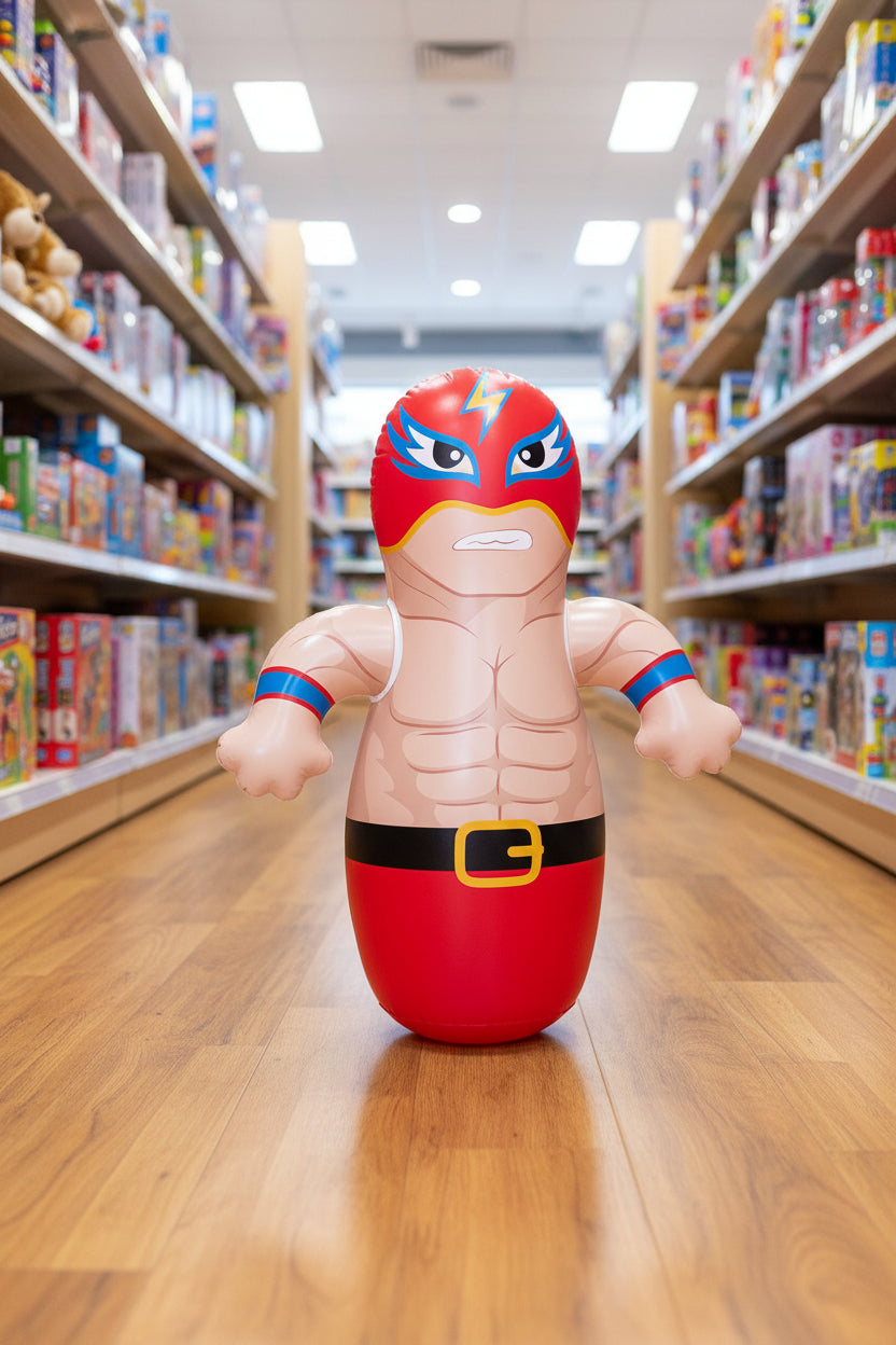 Toy figure with superhero costume in a toy store aisle