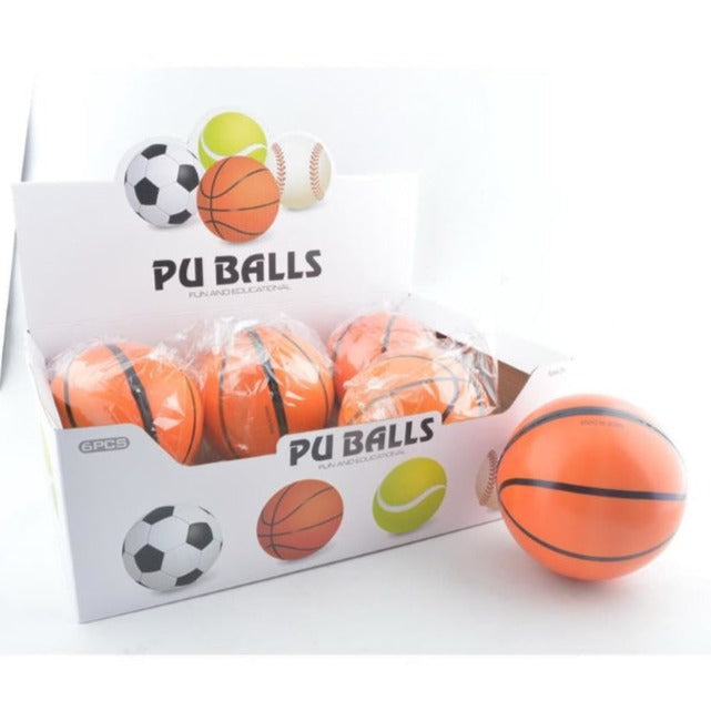 Box of PU Balls with basketballs and sports ball graphics on a white background