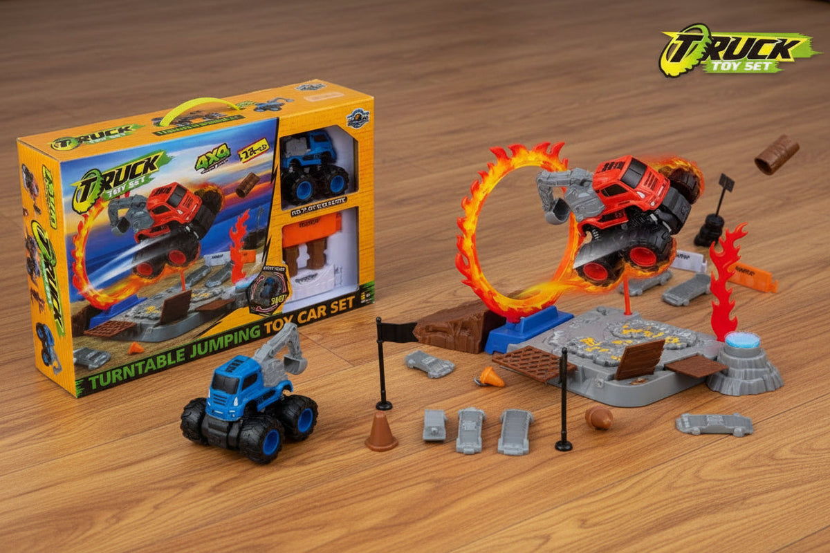 Toy car set with packaging on a wooden surface
