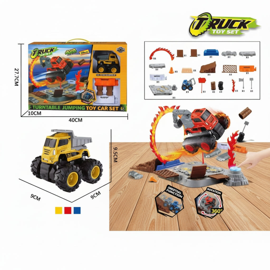 Toy truck set with packaging, toy truck, and accessories on a wooden surface.