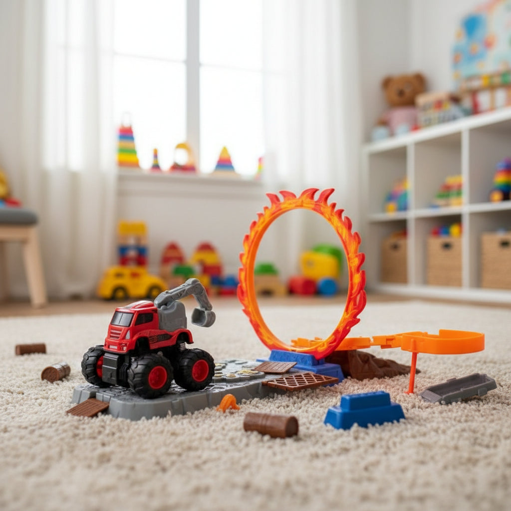 Toy construction vehicle with a track and obstacles on a carpeted floor in a child's playroom.