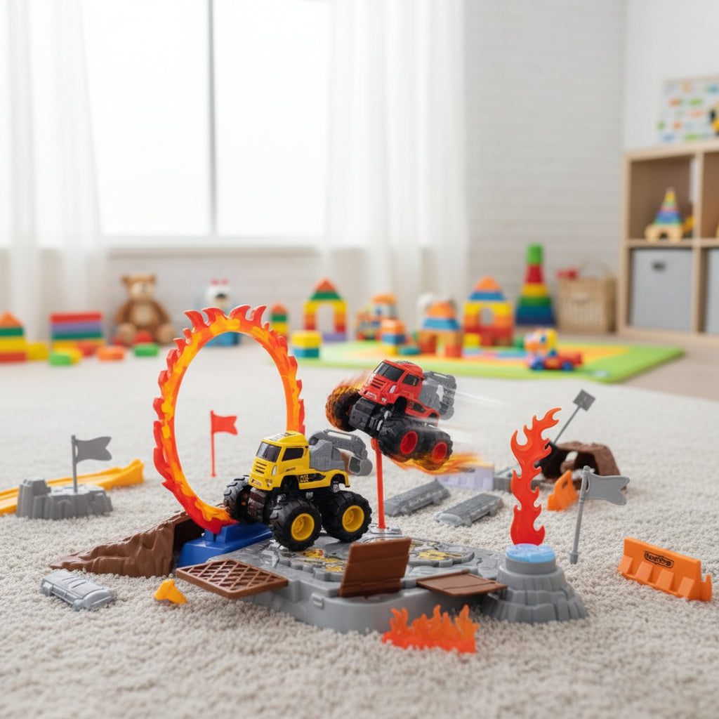 Toy monster truck set with obstacles on a carpeted floor in a room with toys in the background