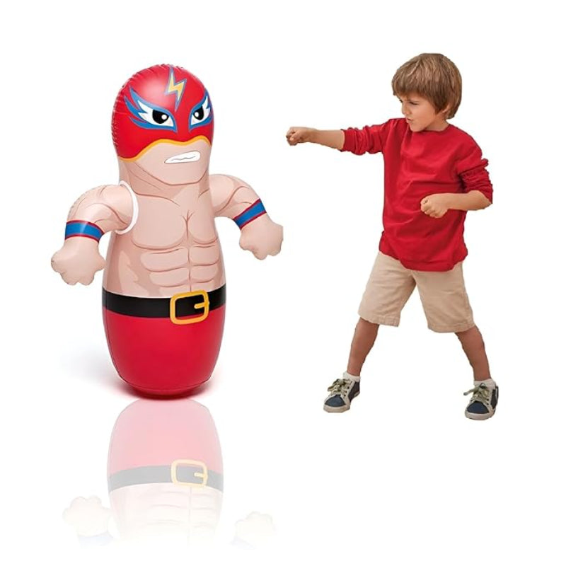 Child playing with a superhero toy on a white background