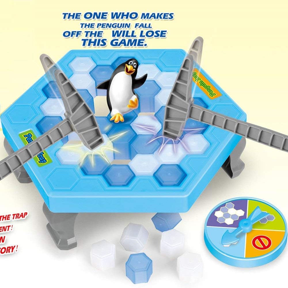 Board game with penguin and ice traps on a blue hexagonal board