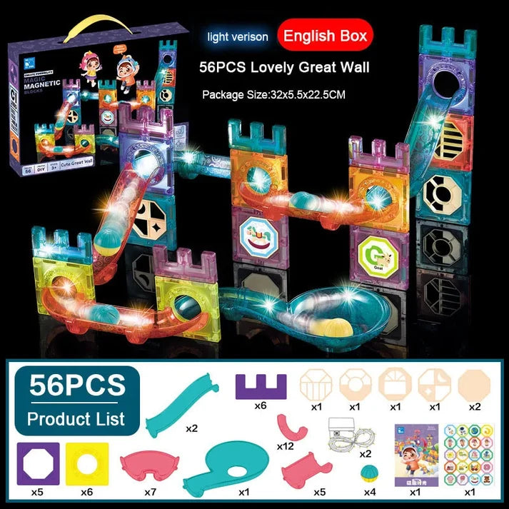 Light-Up Magnetic Marble Run Set – 56 Pcs Building Blocks for Kids