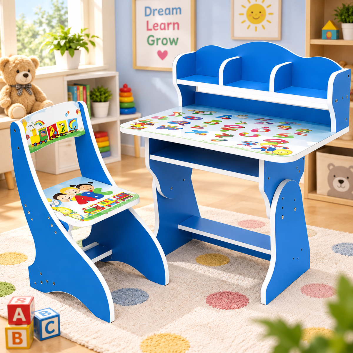 A children's blue wooden desk and chair set with colorful cartoon graphics, shown in a bright, styled children's room.