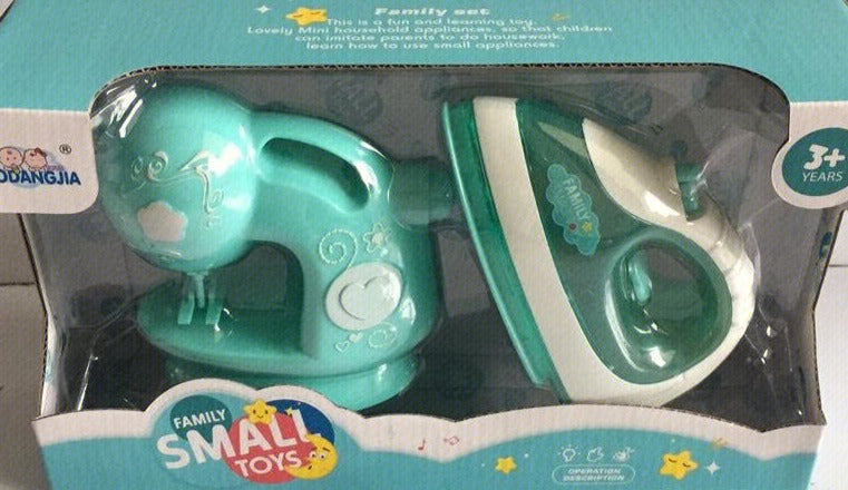 Teal toy sewing machine set in packaging with 'Small Toys' branding.