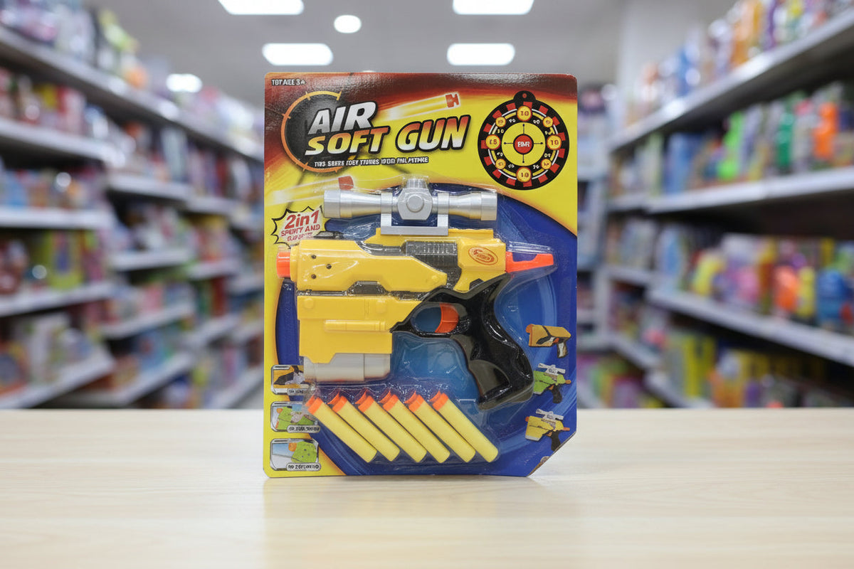 Packaged airsoft gun toy on a shelf in a store